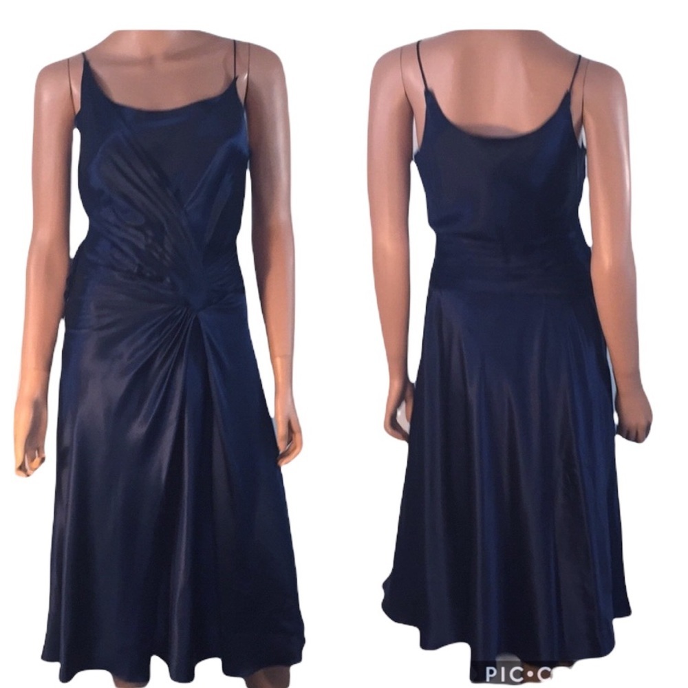 NWT Laundry by Design Silk Satin Navy Blue Twist Front Midi Dress Black Iris S